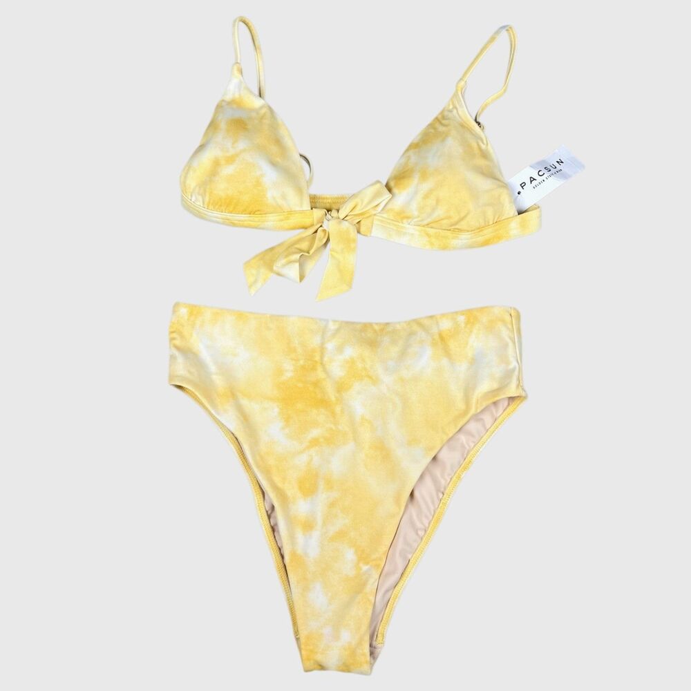 LA Hearts Yellow Tie Dye High Waist Bikini Set Bow Front & Back Size S